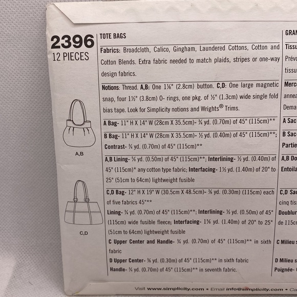 Simplicity 2396 Sewing Pattern Tote Bags Sweet Pea Uncut - Picture 8 of 9